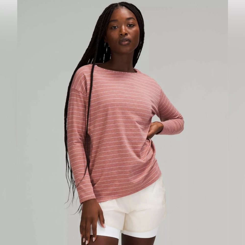 Lululemon Back in Action Long Sleeve Heathered Spiced Chai White Stripe